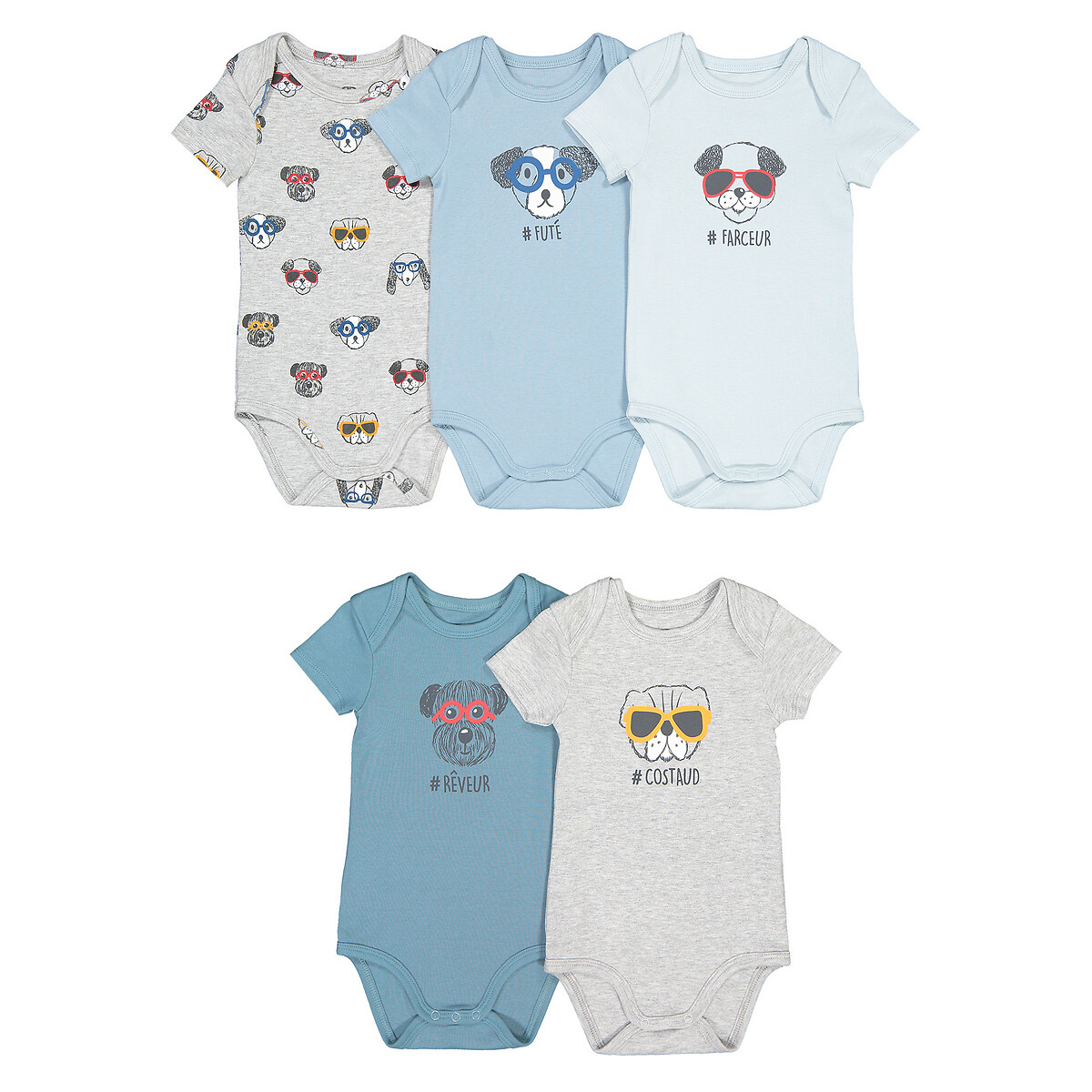 Pack Of 5 Printed Bodysuits In Organic Cotton 1 Month 3 Years Grey Marl Blue La Redoute Collections La Redoute