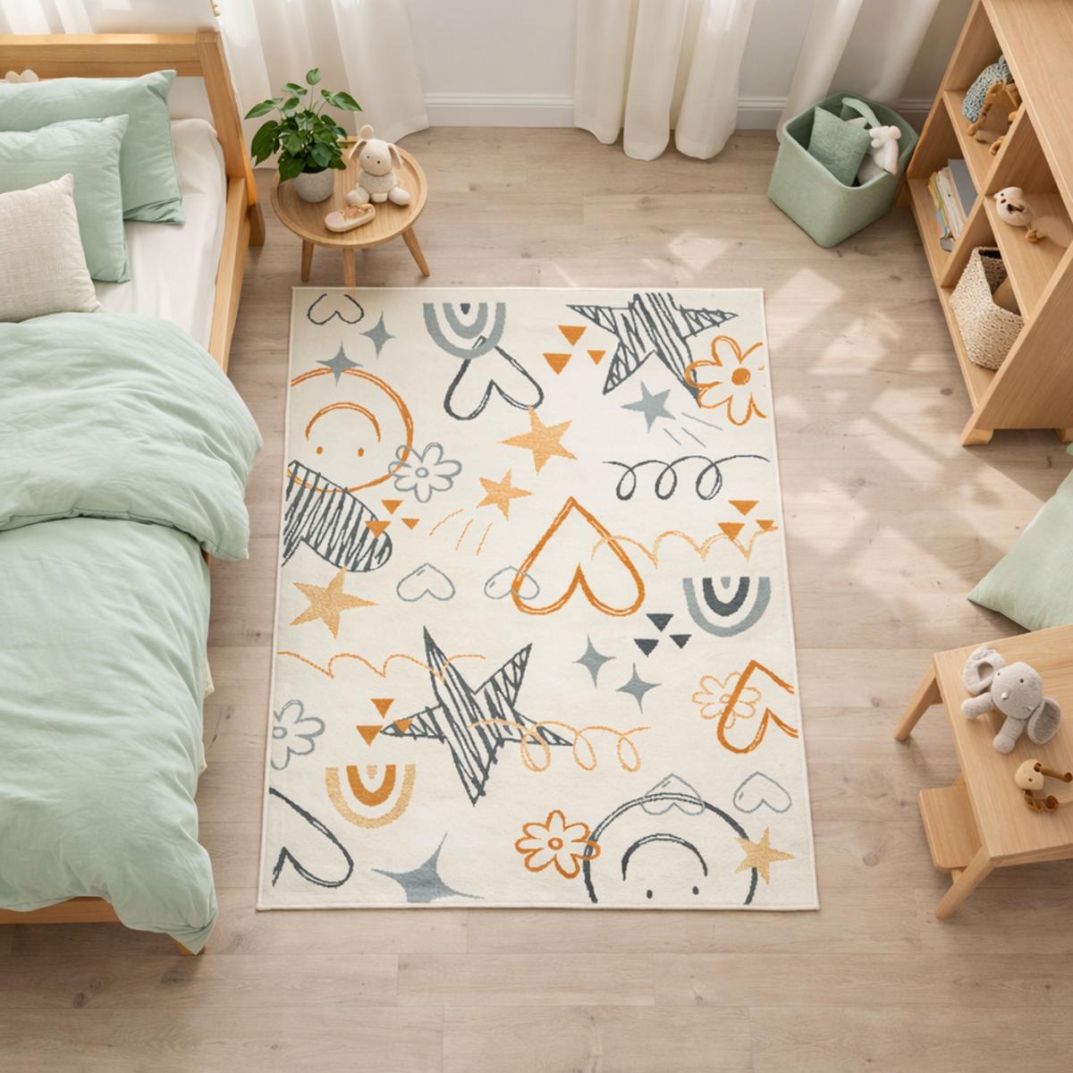 Tapis enfant LYN49 KID, motifs ludiques étoiles et cœurs, UN AMOUR DE TAPIS