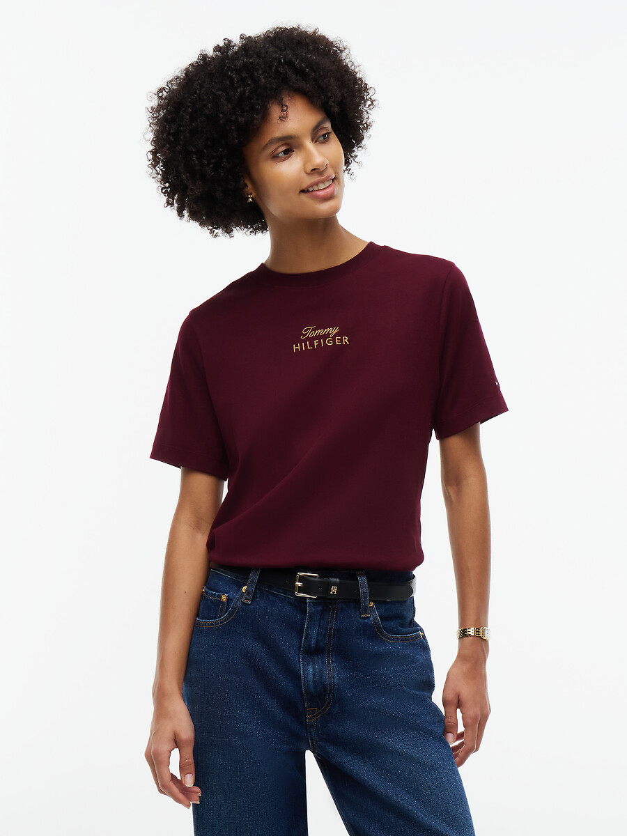 Camiseta de cuello redondo y manga corta con logotipo bordado, TOMMY HILFIGER