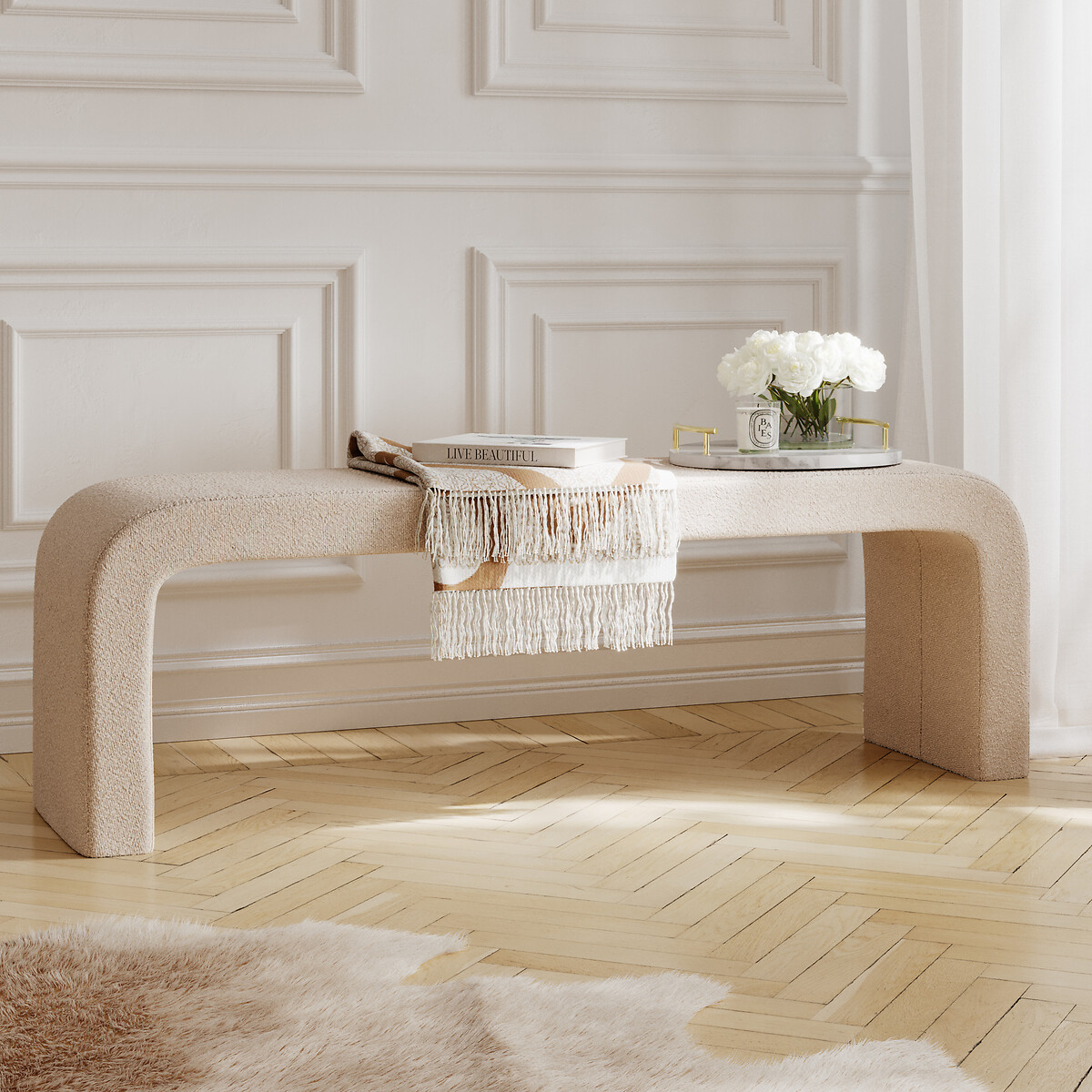 Lao Curved Boucle Dining Bench, SO'HOME