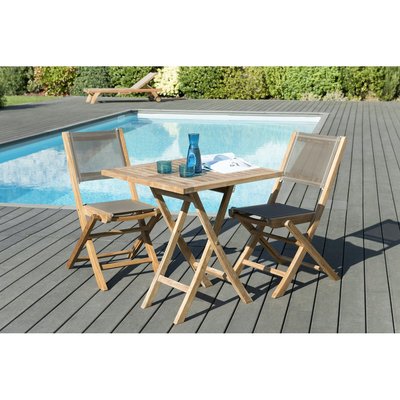 Salon de jardin bois de teck table de jardin pliante carrée 70x70cm + 2 chaises pliantes textilène SUMMER PIER IMPORT