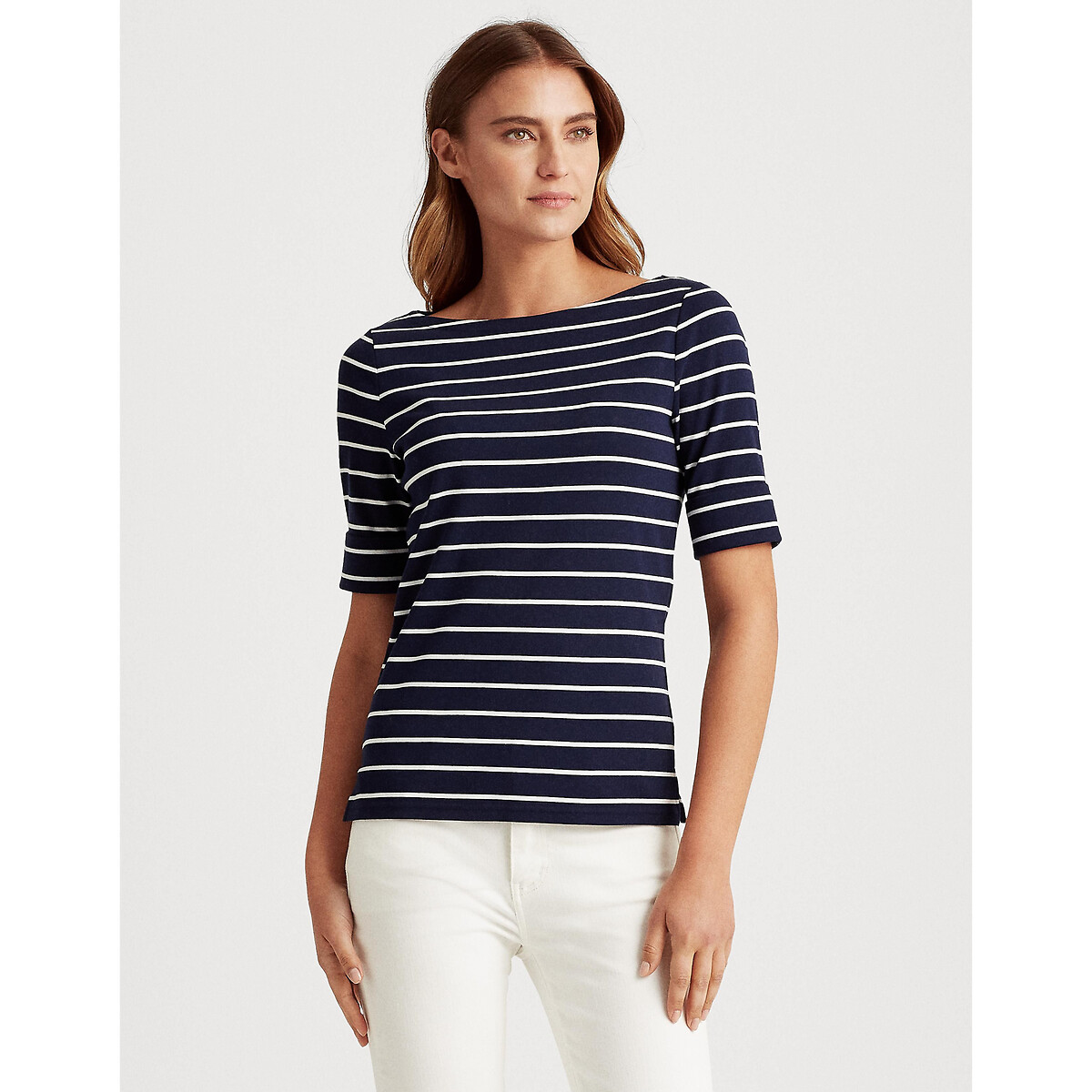 Image of Striped Boat Neck T-Shirt with Short Sleeves in Cotton