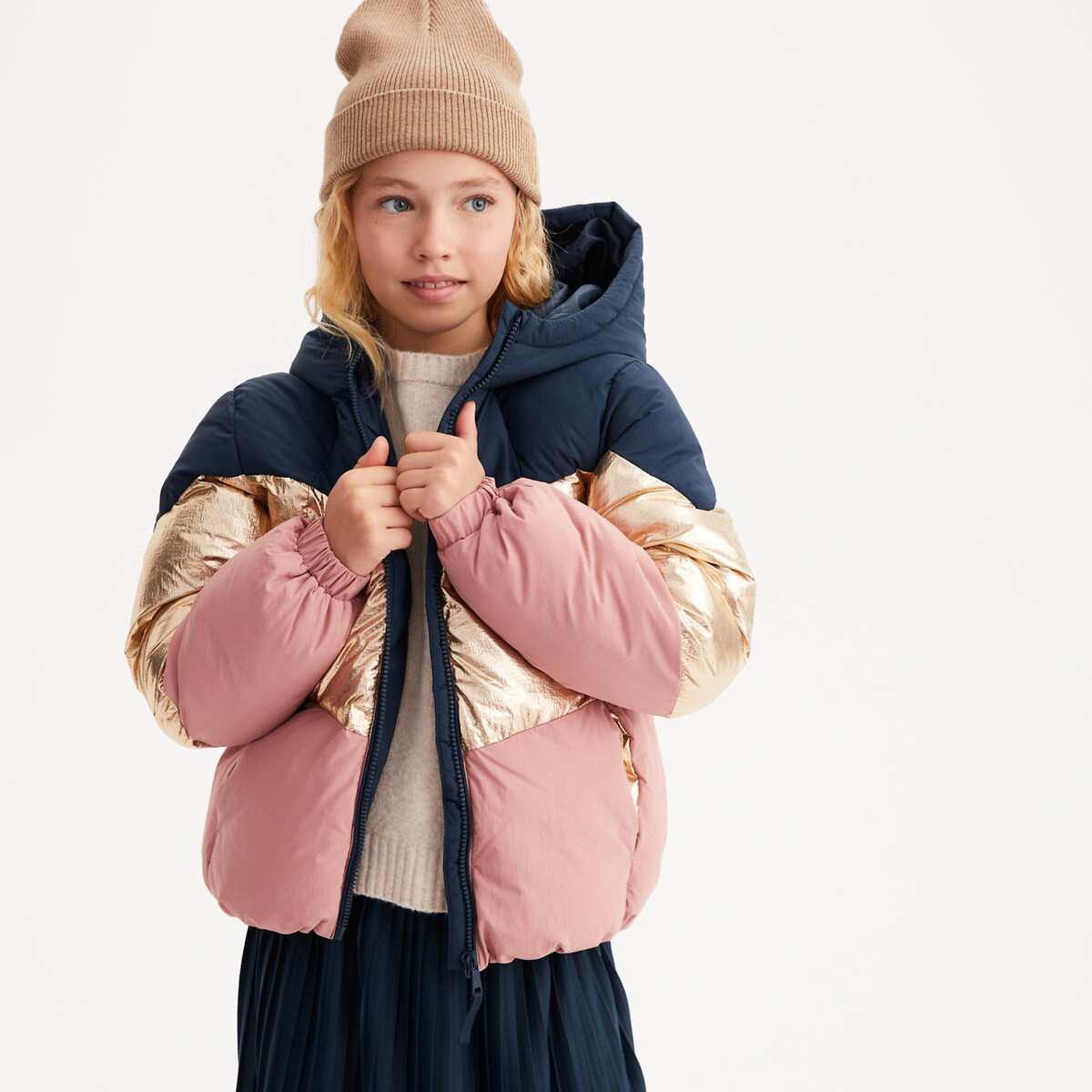 Colour block warm padded jacket with hood navy gold pink La Redoute Collections La Redoute