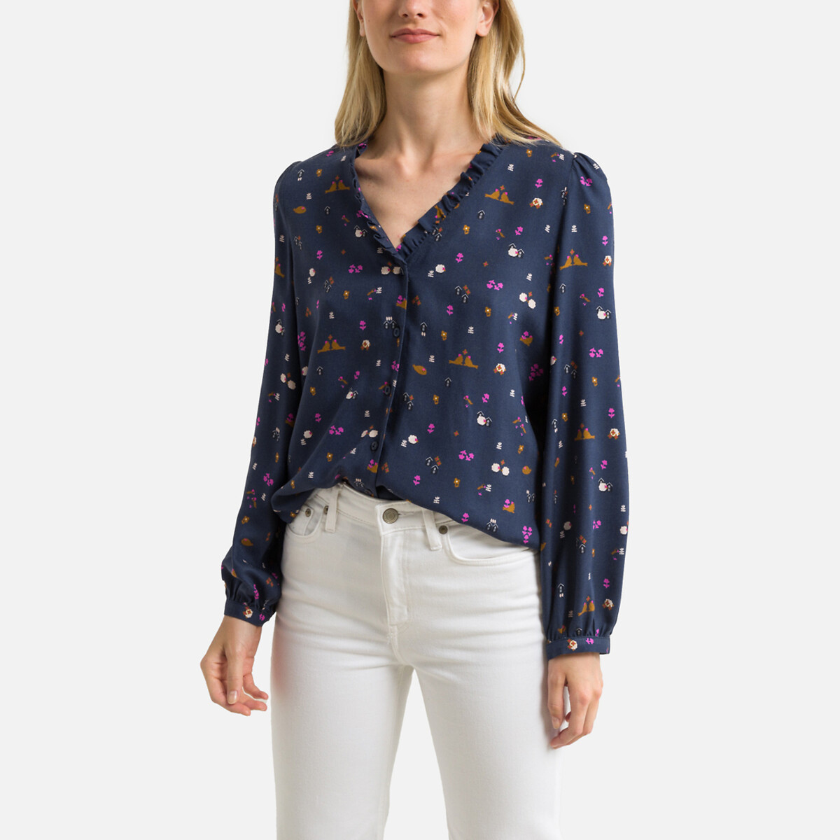 Toumi Floral Print Blouse with Ruffled V-Neck and Long Sleeves
