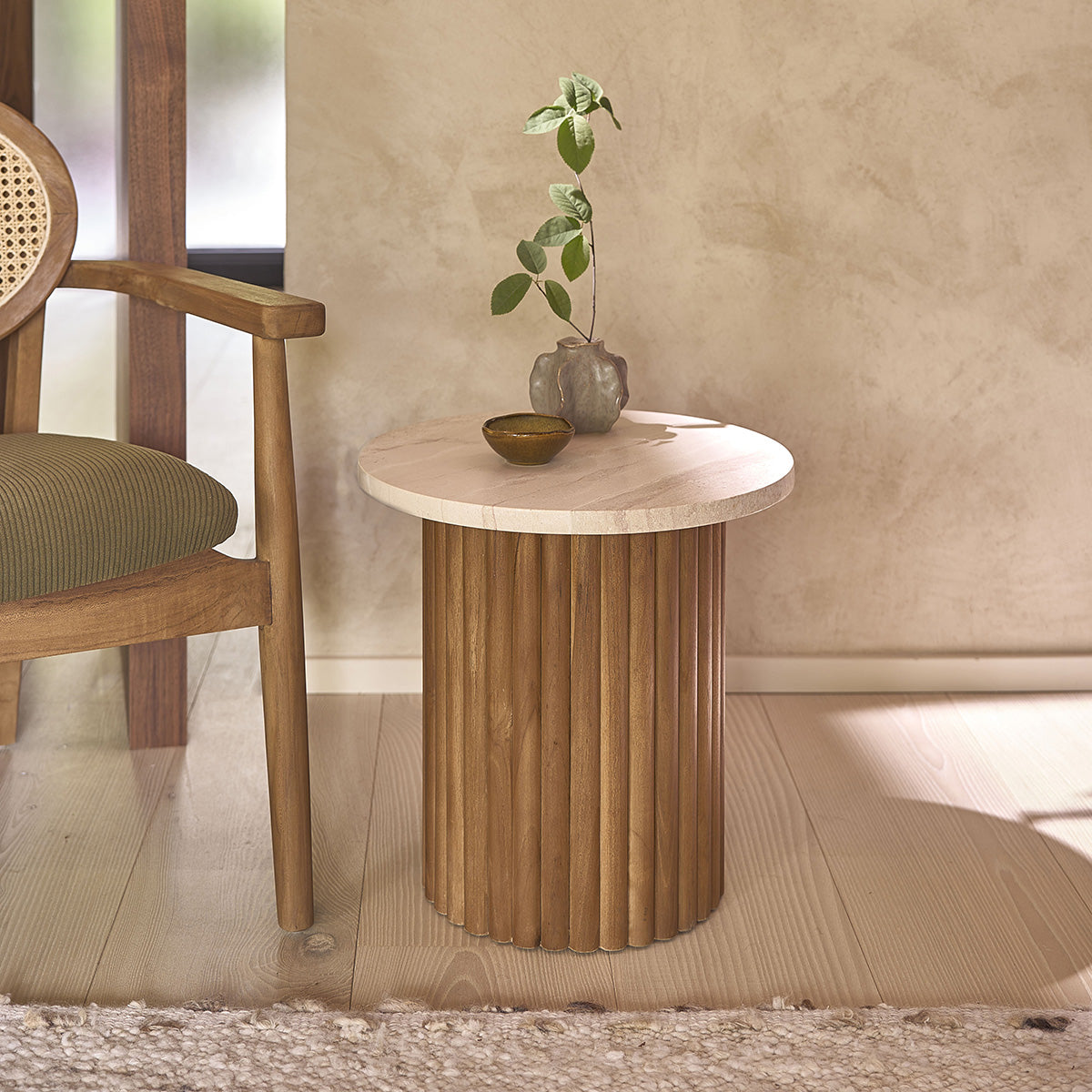 Table d'appoint en teck massif et marbre COLINE, BERAH GETAH