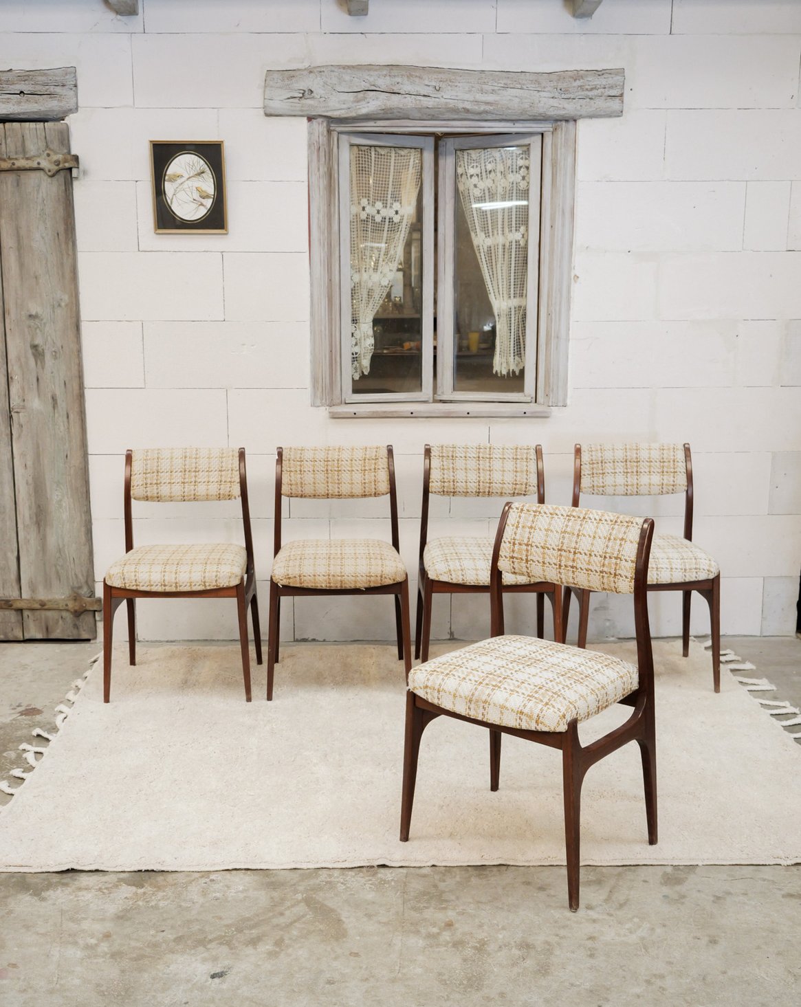 Lot de 5 chaises aux motifs à carreaux Alma N°1973 - Bon état, DEBONGOUT