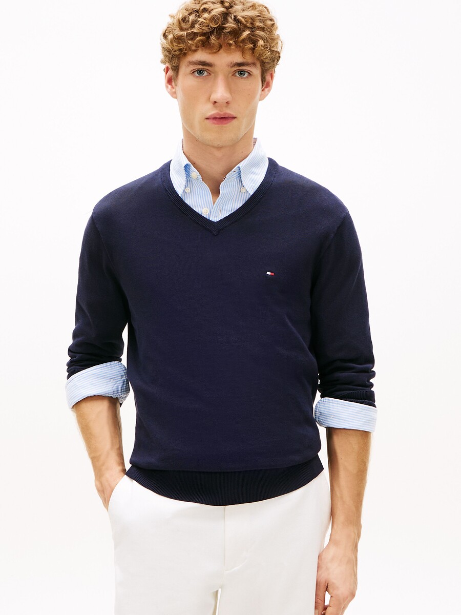 Pull col v en fine maille, TOMMY HILFIGER