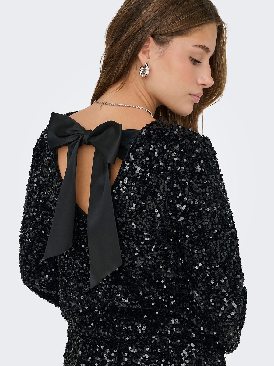 Top à sequins manches longues, nœud dans le dos, ONLY