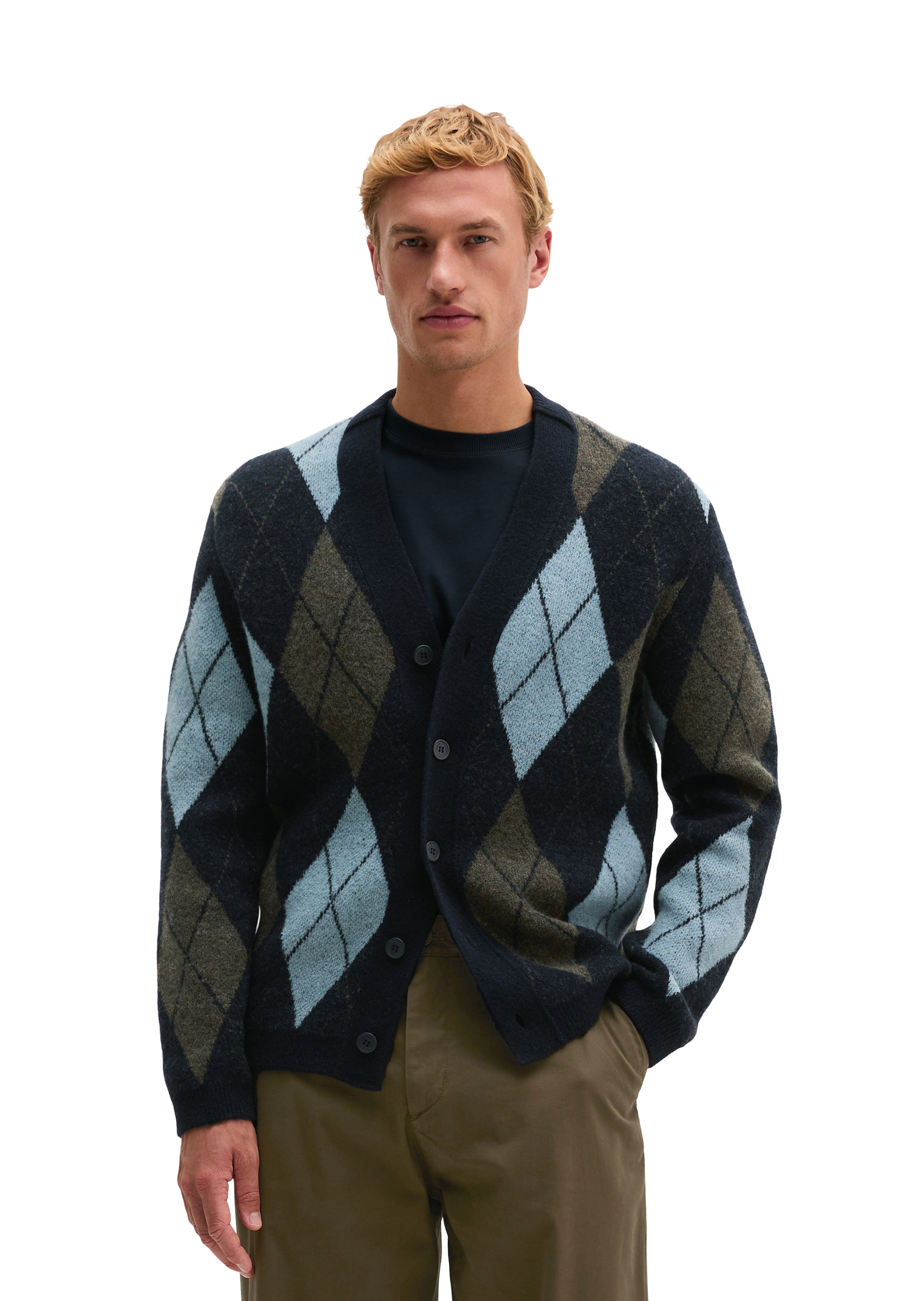 Cardigan à motif argyle en mélange de laine moelleux, MARC O'POLO