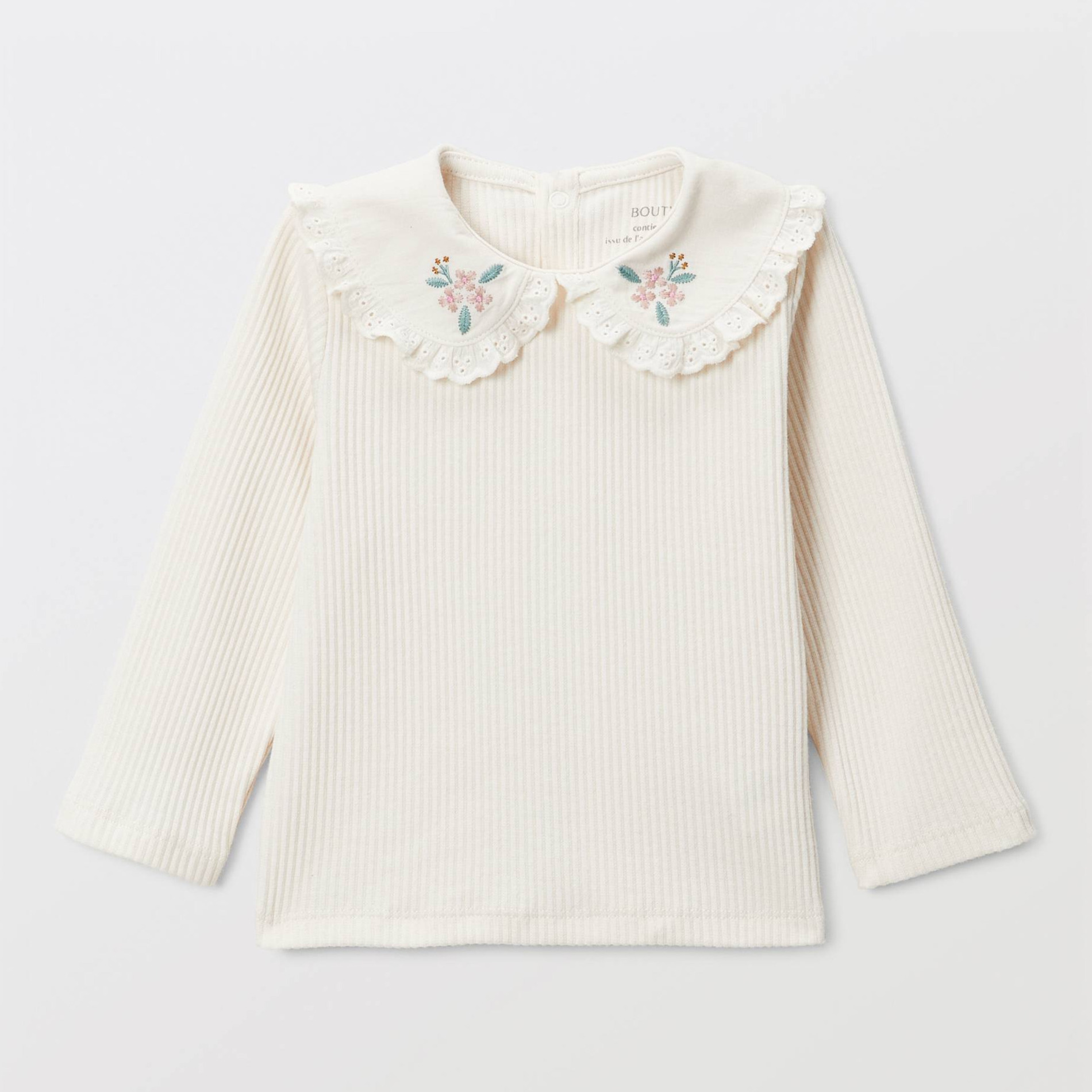 T-shirt manches longues uni à col brodé en coton BIO GOTS, BOUT'CHOU