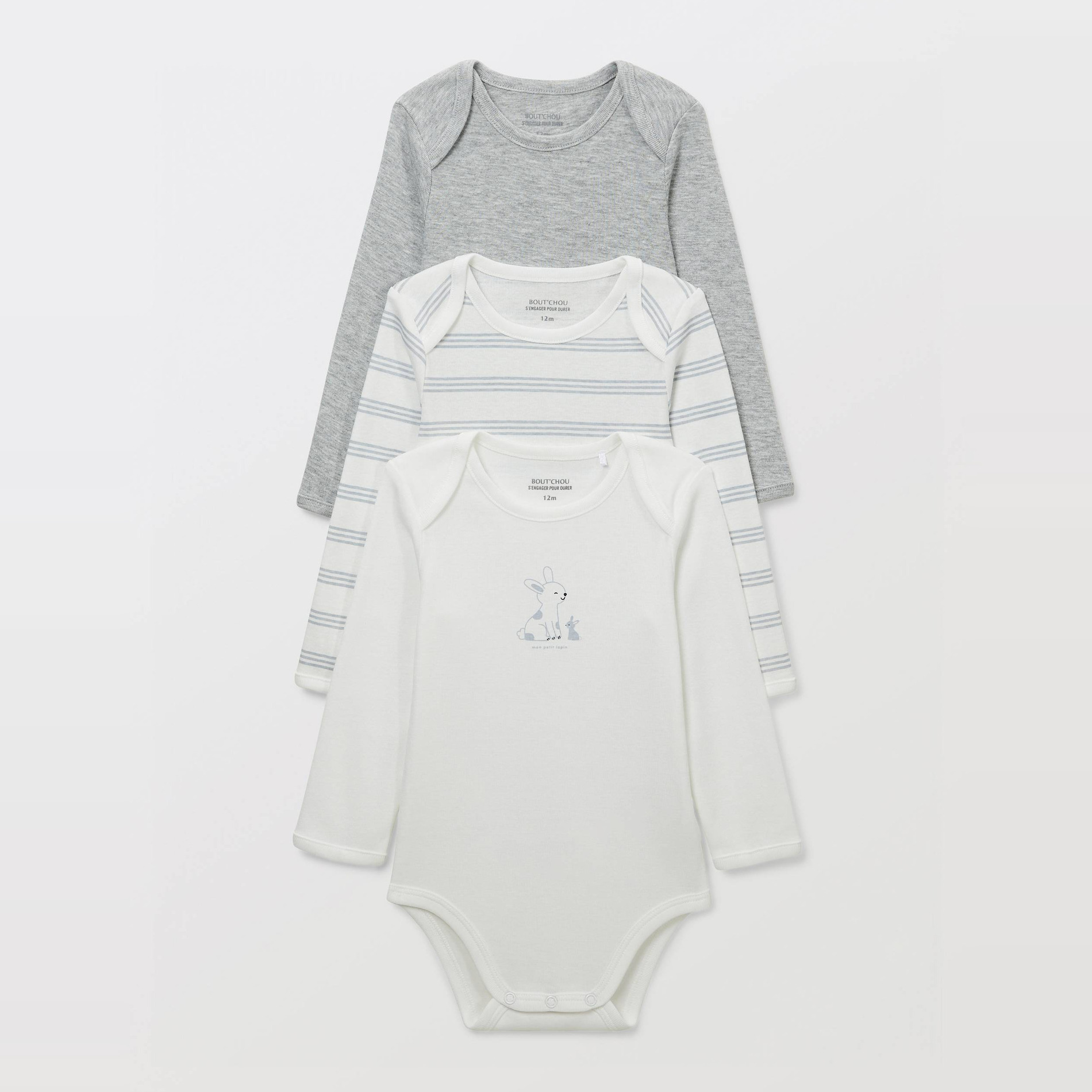 Lot de 3 bodies manches longues uni en coton BIO GOTS, BOUT'CHOU