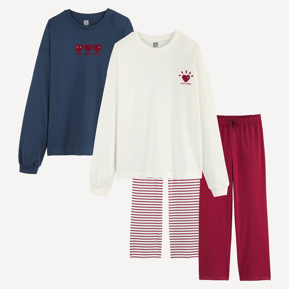 Lot de 2 pyjamas en coton, imprimés coeurs et rayures, LA REDOUTE COLLECTIONS
