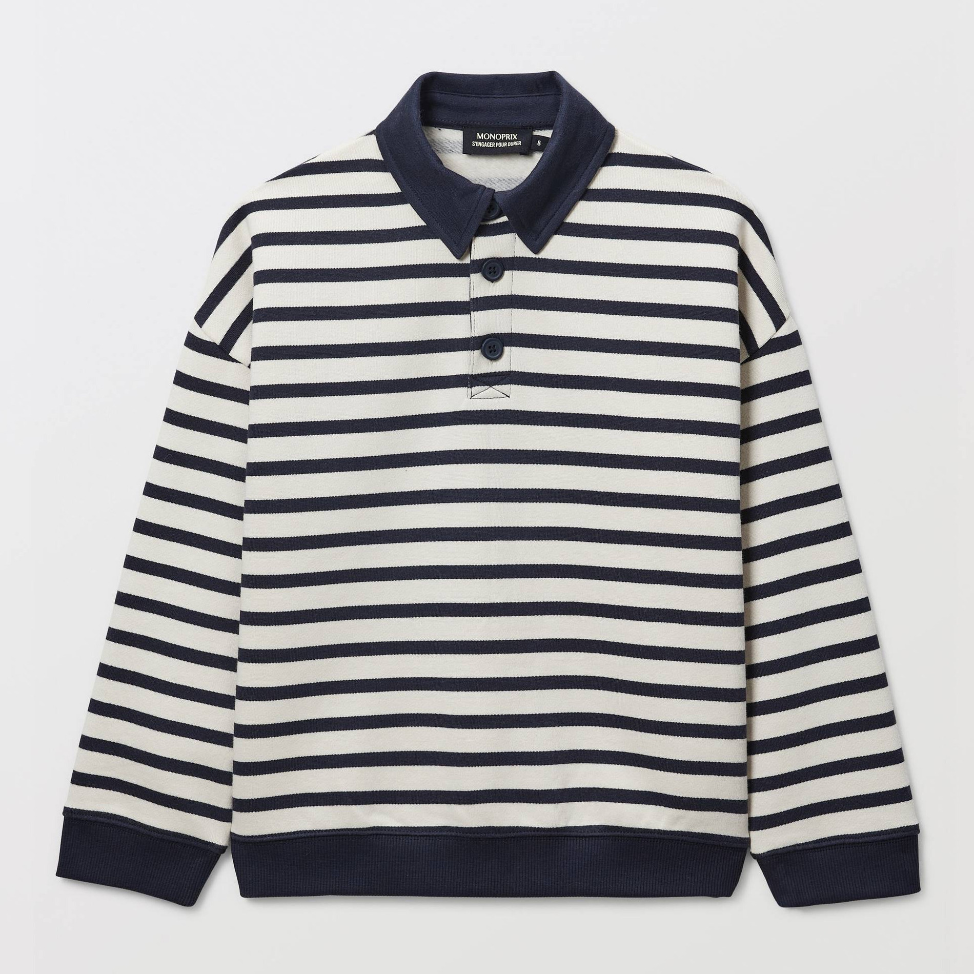Sweat col polo rayé en coton BIO GOTS, MONOPRIX