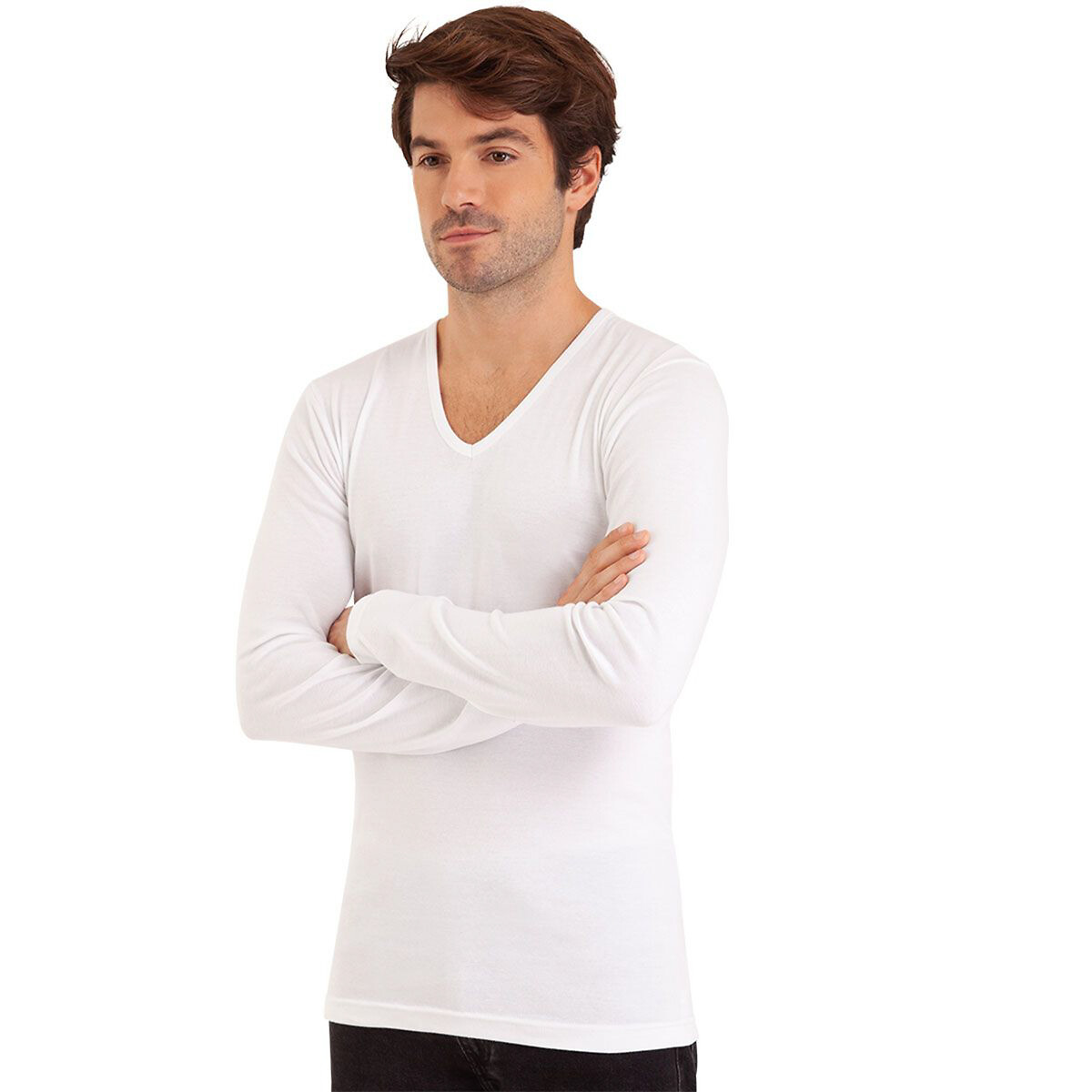 Image of Cotton V-Neck T-Shirt with Long Sleeves