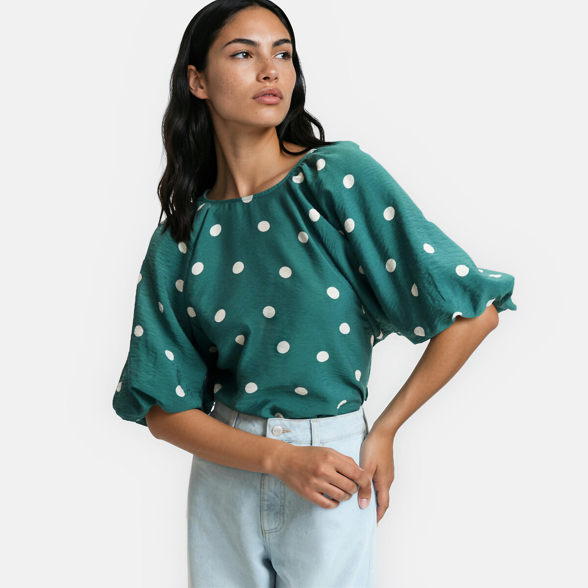 Blouse col rond manches bouffantes à pois, LA REDOUTE COLLECTIONS