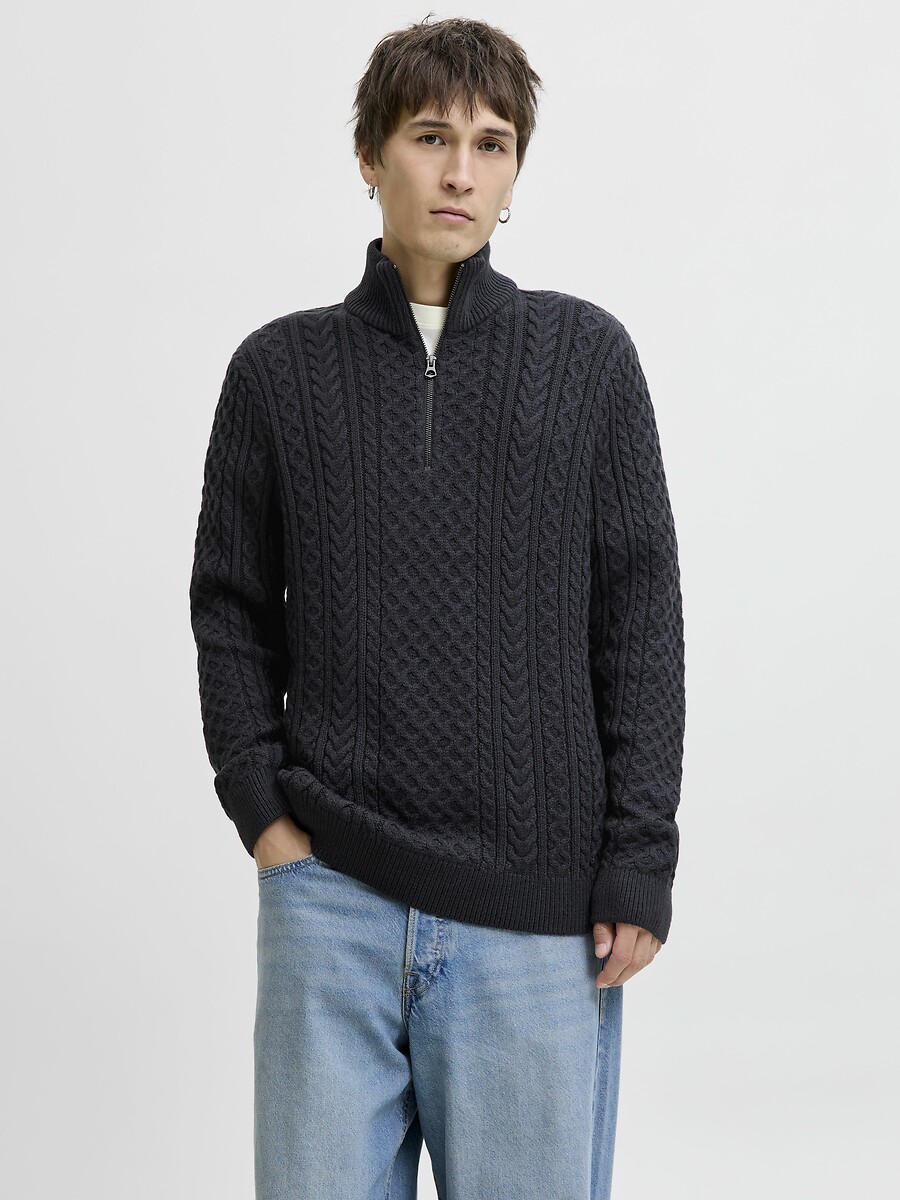 Pull maglia a trecce mezza zip, JACK & JONES