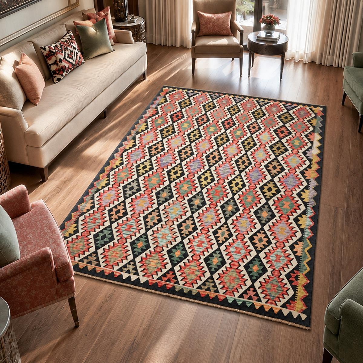 Tapis d'orient au motif ethnique, tissé plat en laine, KILIM 3, UN AMOUR DE TAPIS