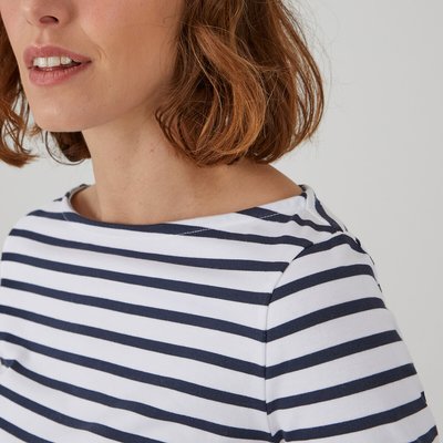 Striped Cotton T-Shirt with Boat Neck and Long Sleeves LA REDOUTE COLLECTIONS