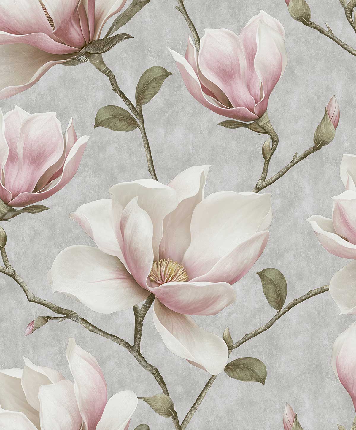 Papier peint magnolia rose et blanc fond gris, HEXOA