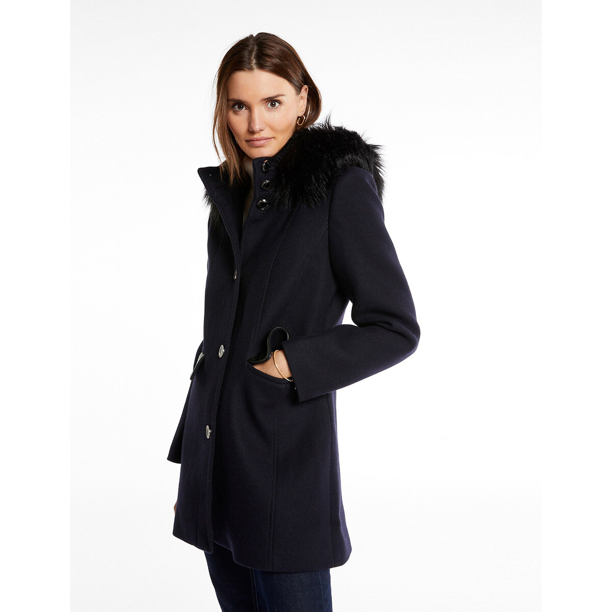 Wool Mix Long Coat with Hood and Faux Fur Fastening