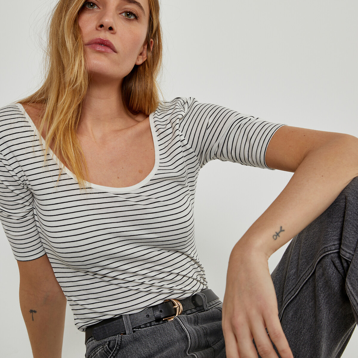 Striped Cotton T-Shirt with Ballerina Neck