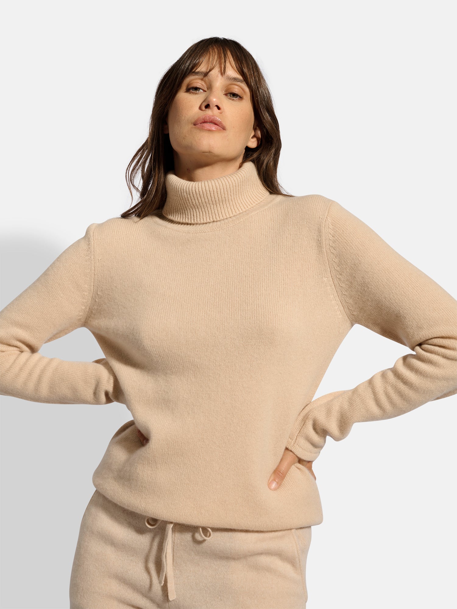Pull Col Roulé 4 Fils Beige June, JUST CASHMERE