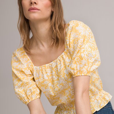 Floral Cotton Blouse with Square Neck and Short Puff Sleeves LA REDOUTE COLLECTIONS