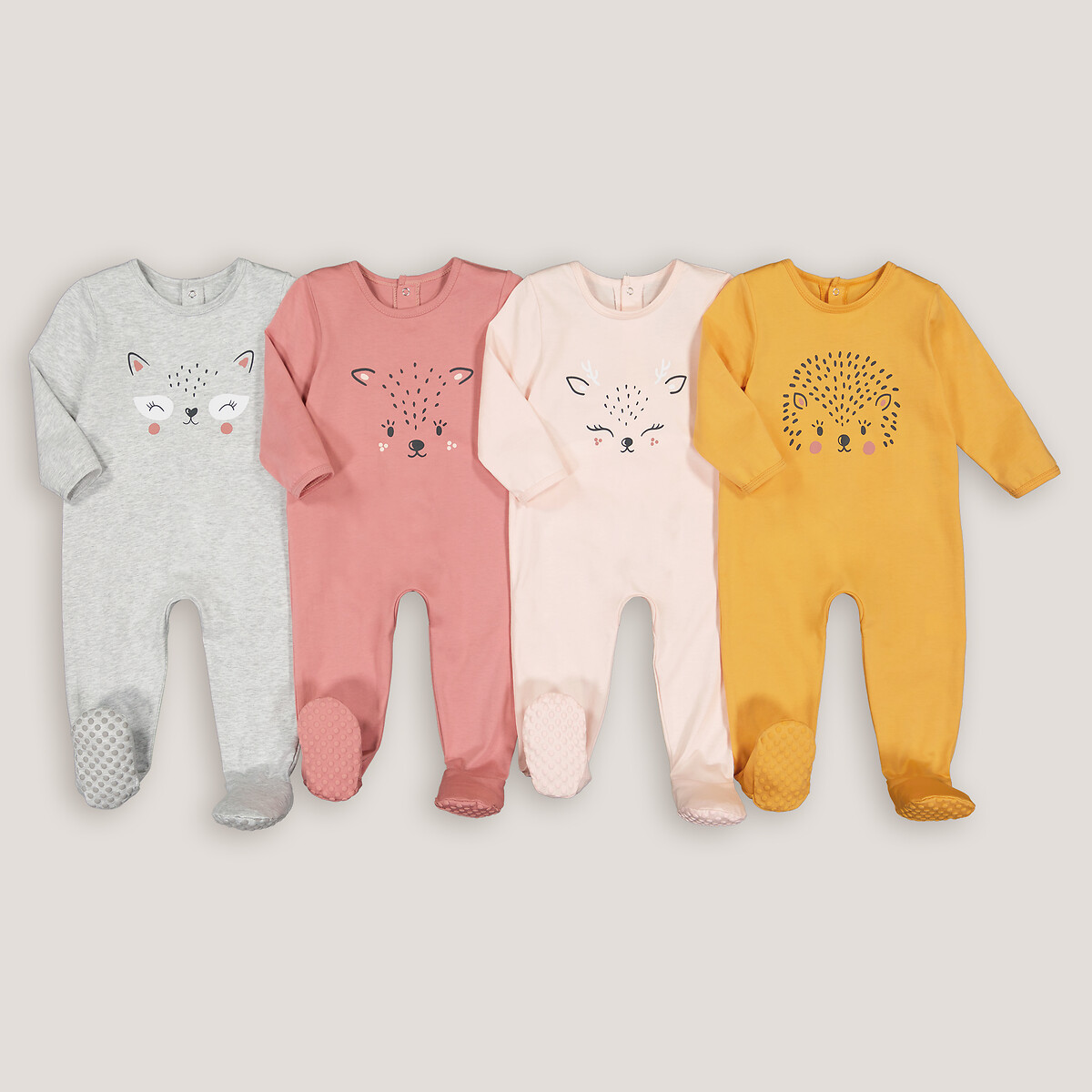 Pack of 4 Sleepsuits in Cotton with Animal Print