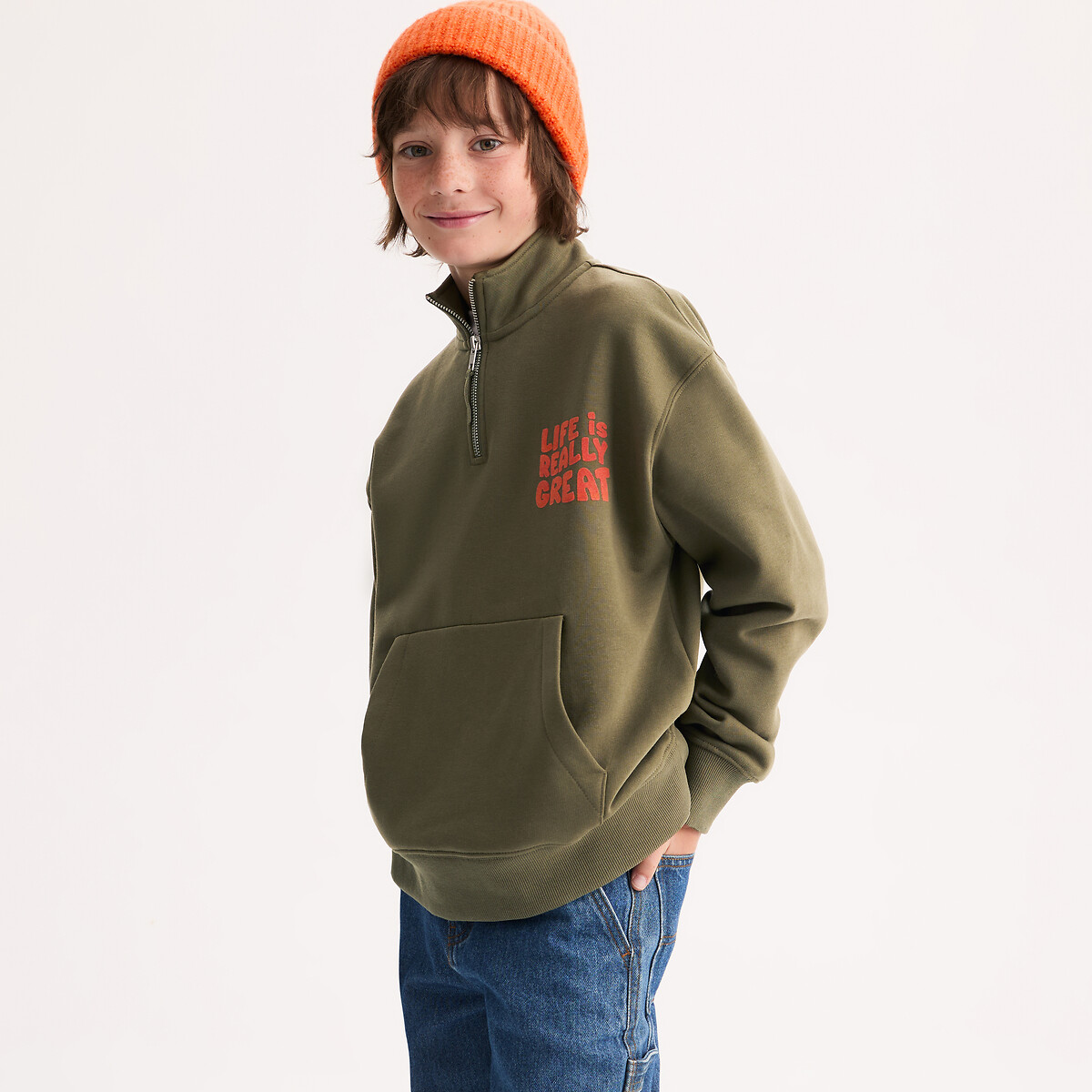 Sweat col camionneur zippé, avec message imprimé, en molleton, LA REDOUTE COLLECTIONS