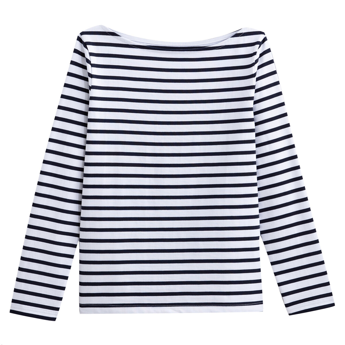 Striped Cotton T-Shirt with Boat Neck and Long Sleeves