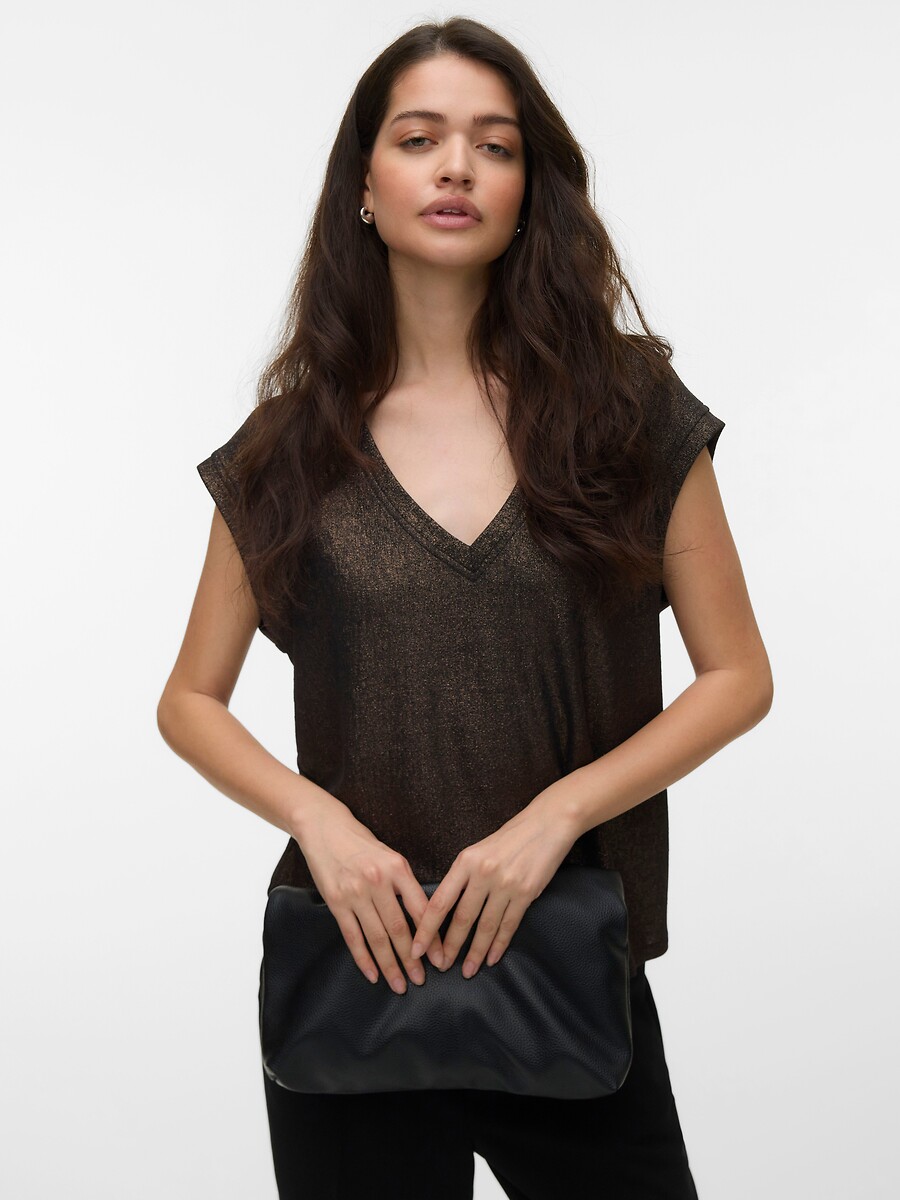 Camiseta de manga corta con cuello en pico y lentejuelas, VERO MODA
