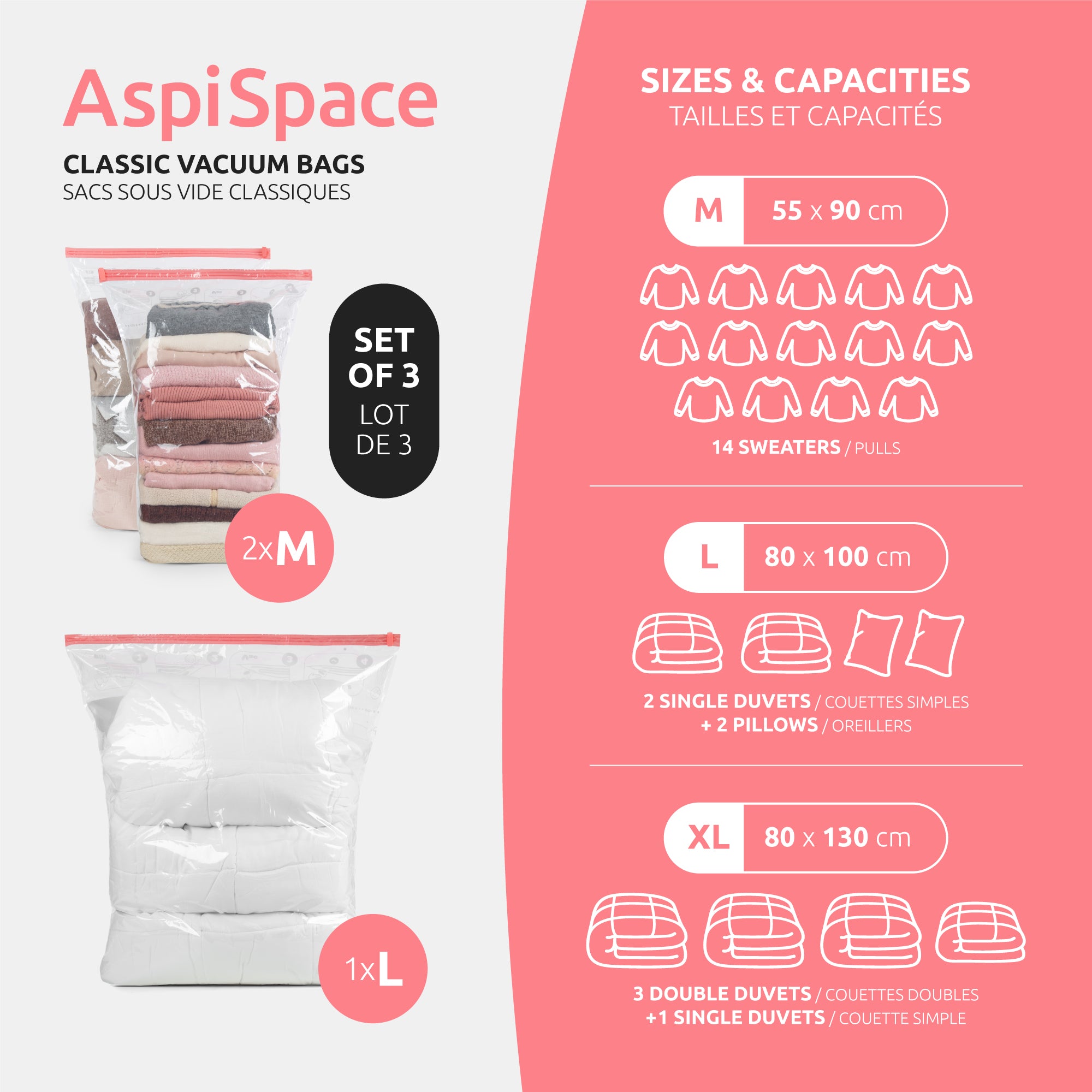 Lot De 6 Sacs De Rangement Sous Vide Réutilisables à Suspendre - Économisez L'Espace Avec Crochets - 3x 67x90 Cm + 3x 67x110 Cm