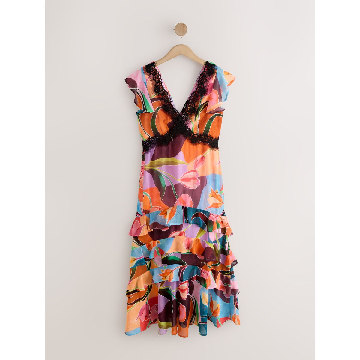 Robe longue à col v, volants et bord dentelle, NEXT