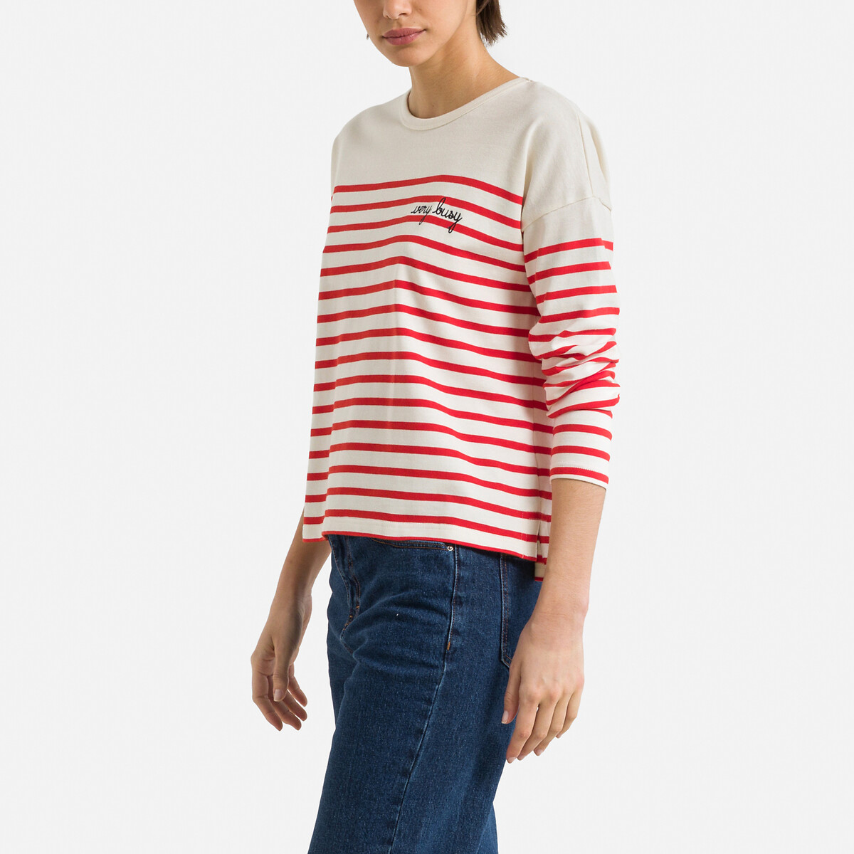 Striped Organic Cotton T-Shirt with Crew Neck and Long Sleeves