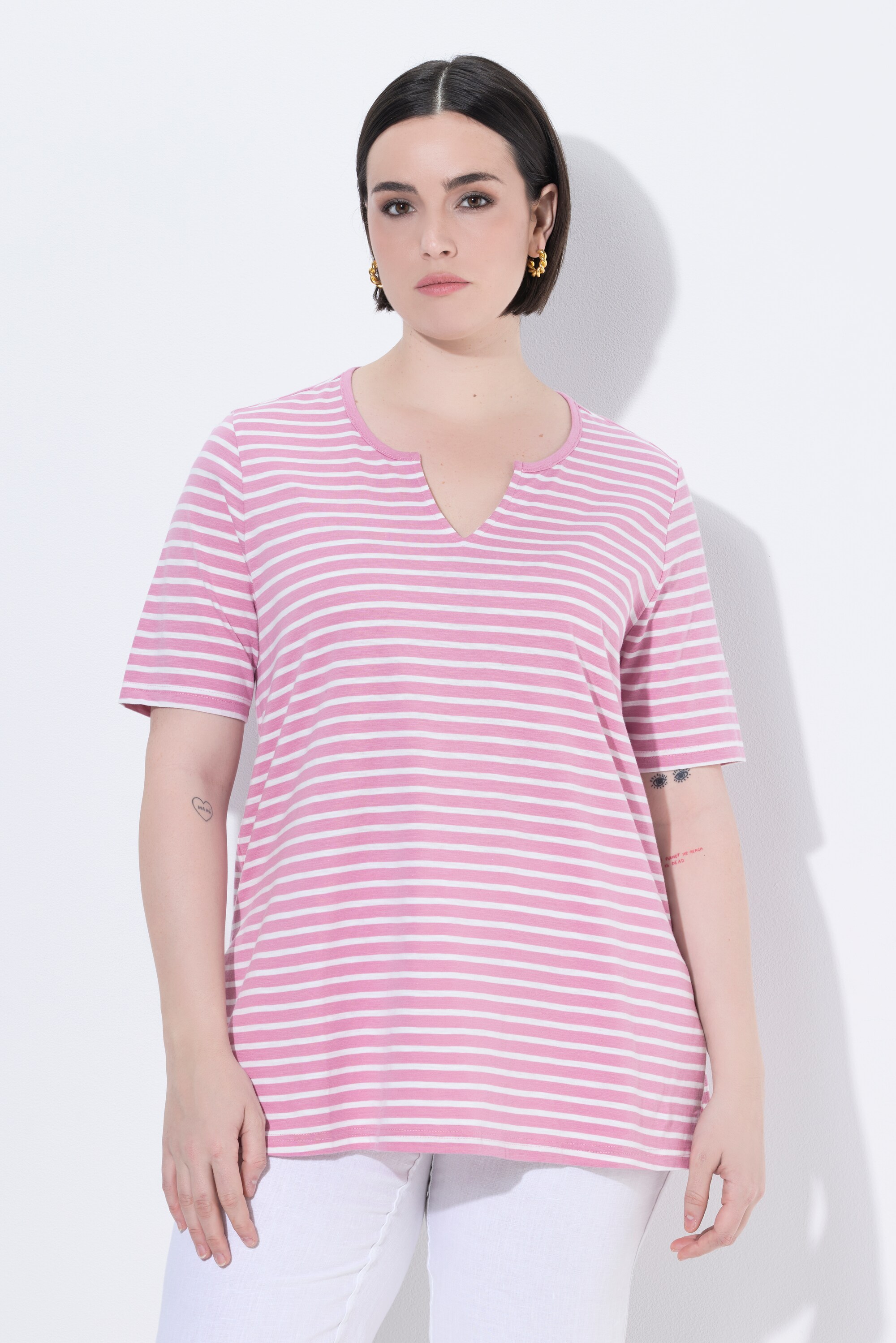 T-shirt long à rayures. Manches courtes et, ULLA POPKEN