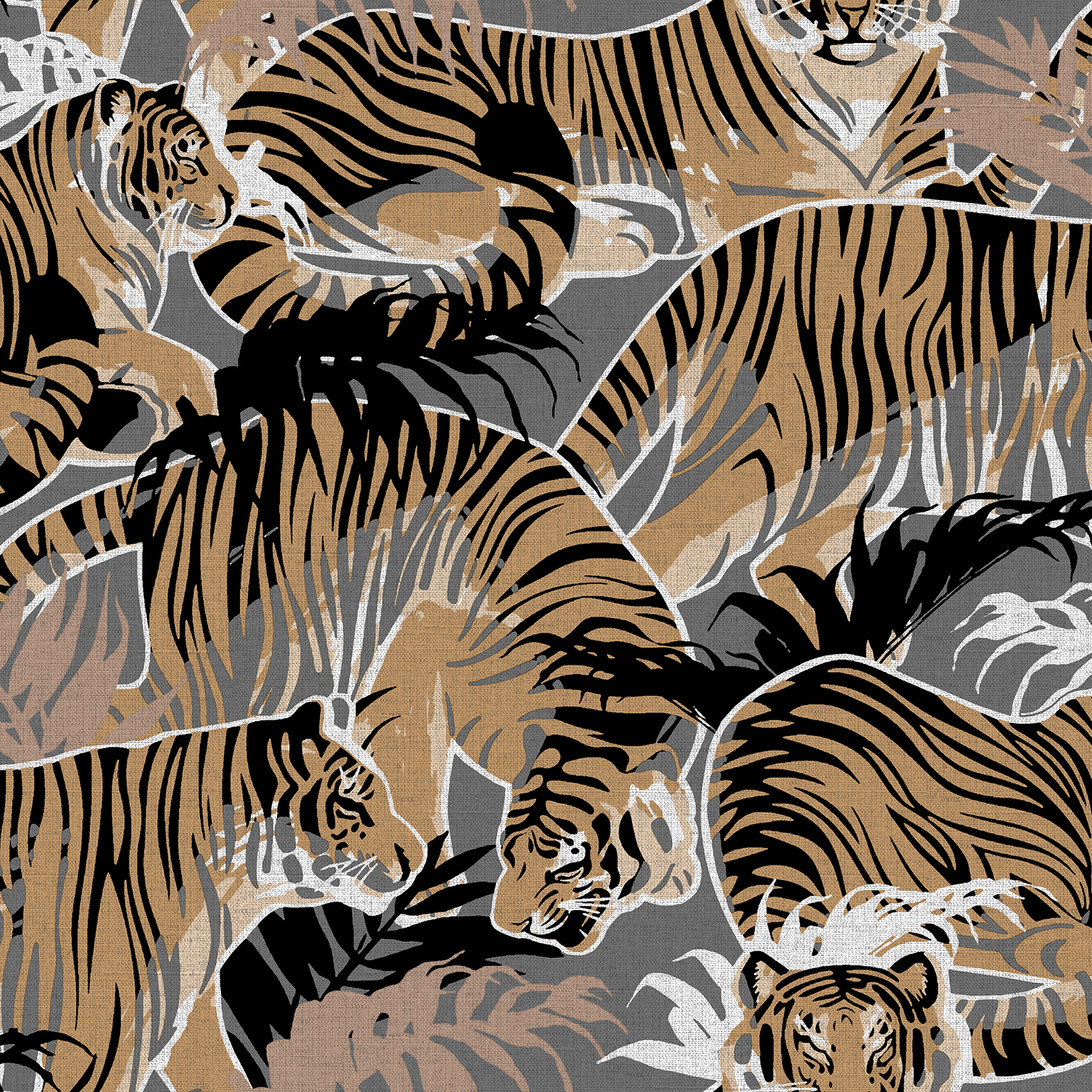 Papier peint tigres jungle ocre et gris foncé, HEXOA