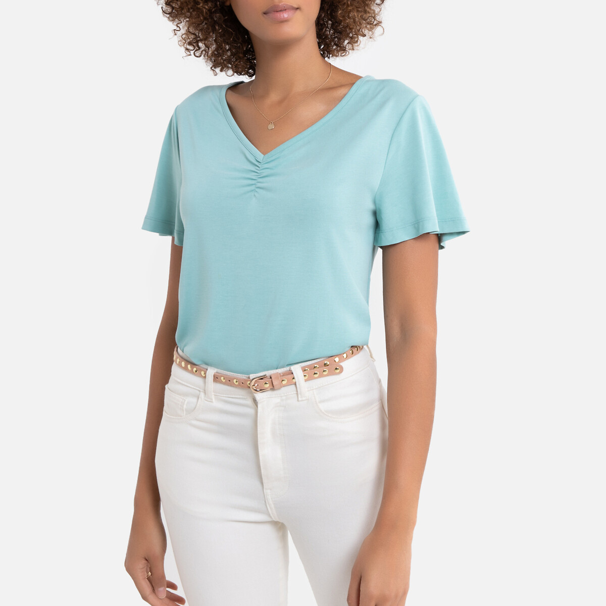 Plain Gathered V-Neck T-Shirt with Short Sleeves