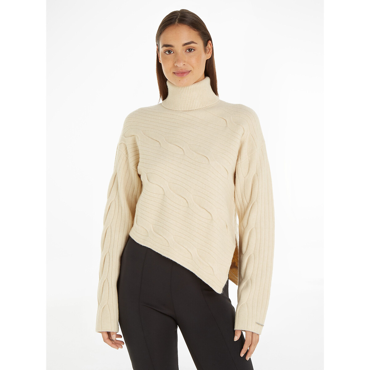 Image of Asymmetric Cable Knit Jumper with Turtleneck