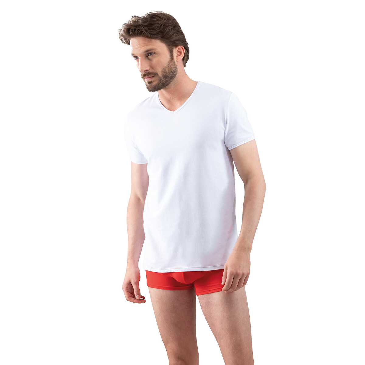 Image of Cotton Mix T-Shirt with Short Sleeves and V-Neck