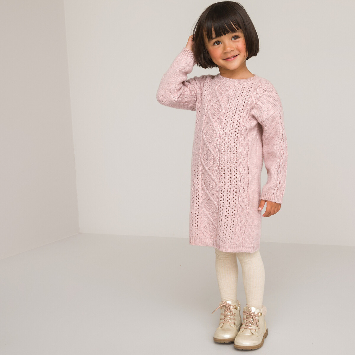 Cable knit jumper dress with long sleeves, pink, La Redoute Collections ...