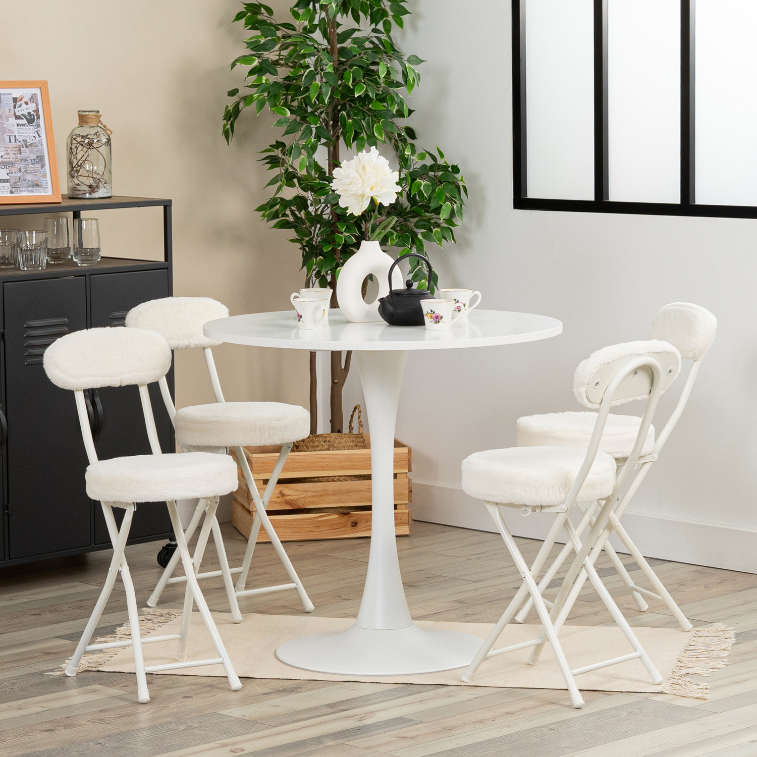 Ensemble table à manger ronde avec 4 chaises pliantes, CLIFTWHITESET, MEUBLES COSY