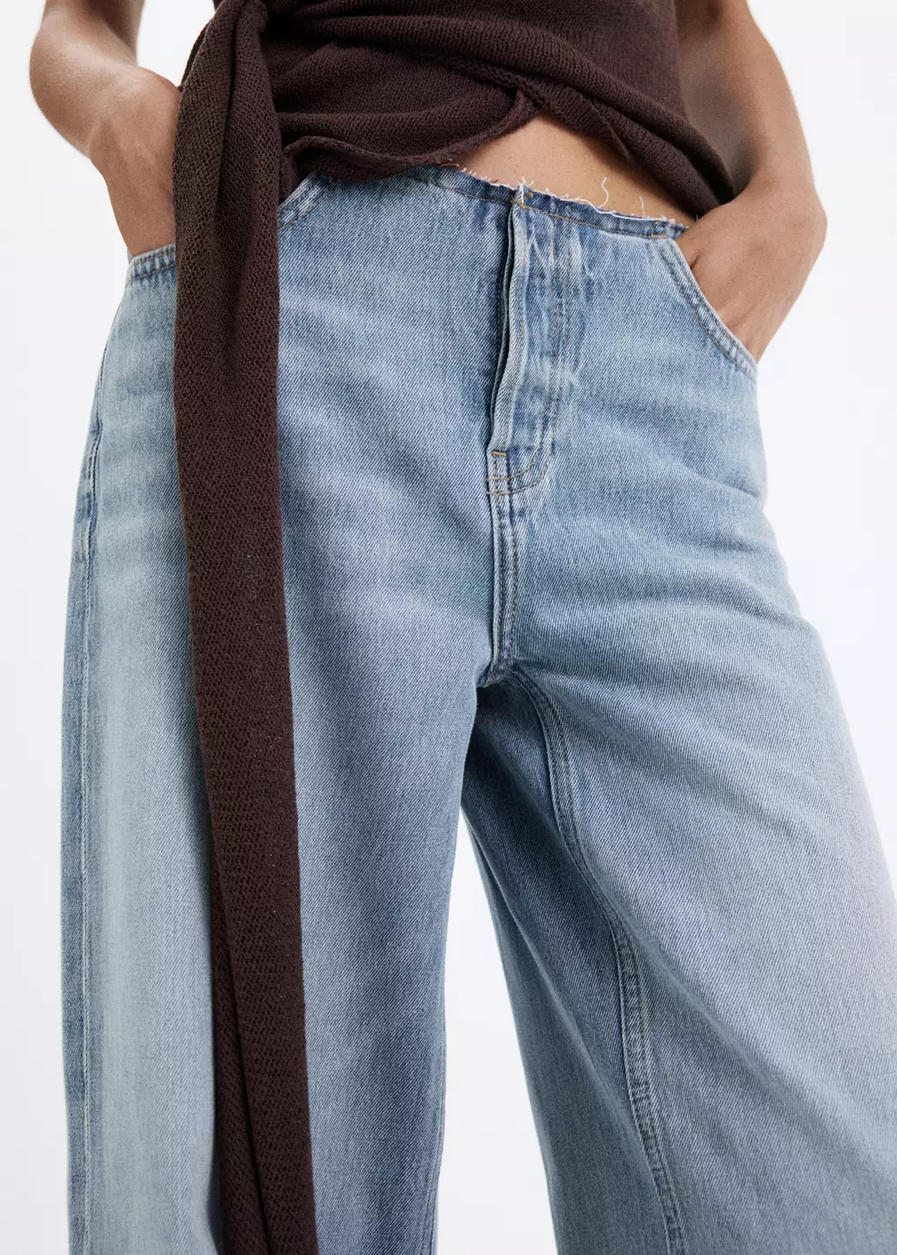 Jean wide leg à taille effilochée, MANGO
