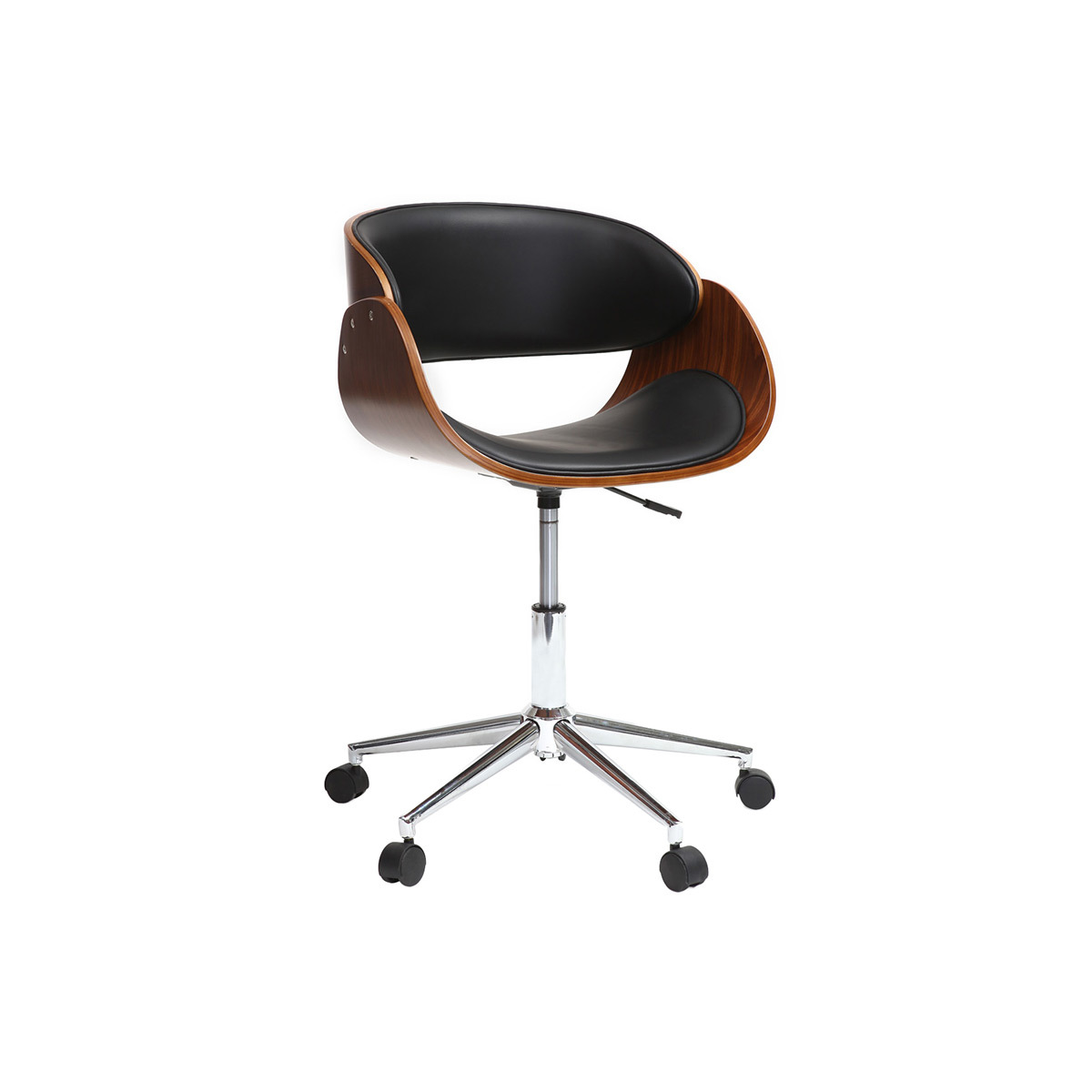 Chaise de bureau à roulettes design en tissu effet velours texturé beige, bois clair et acier chromé BENT, MILIBOO