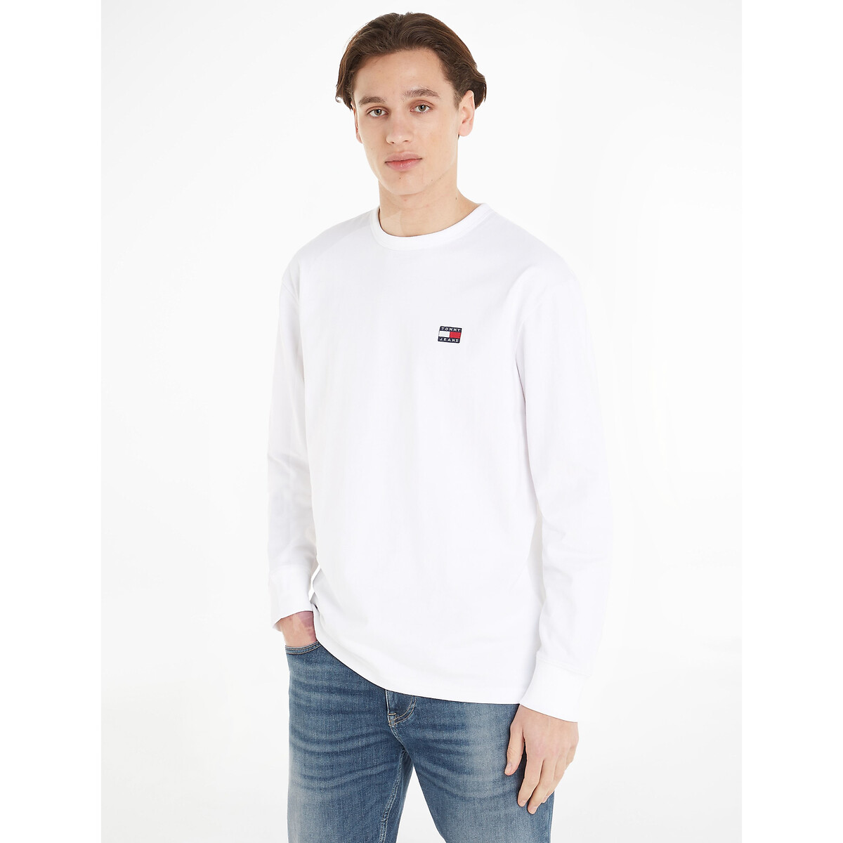 Image of Embroidered Badge Logo T-Shirt in Cotton with Long Sleeves