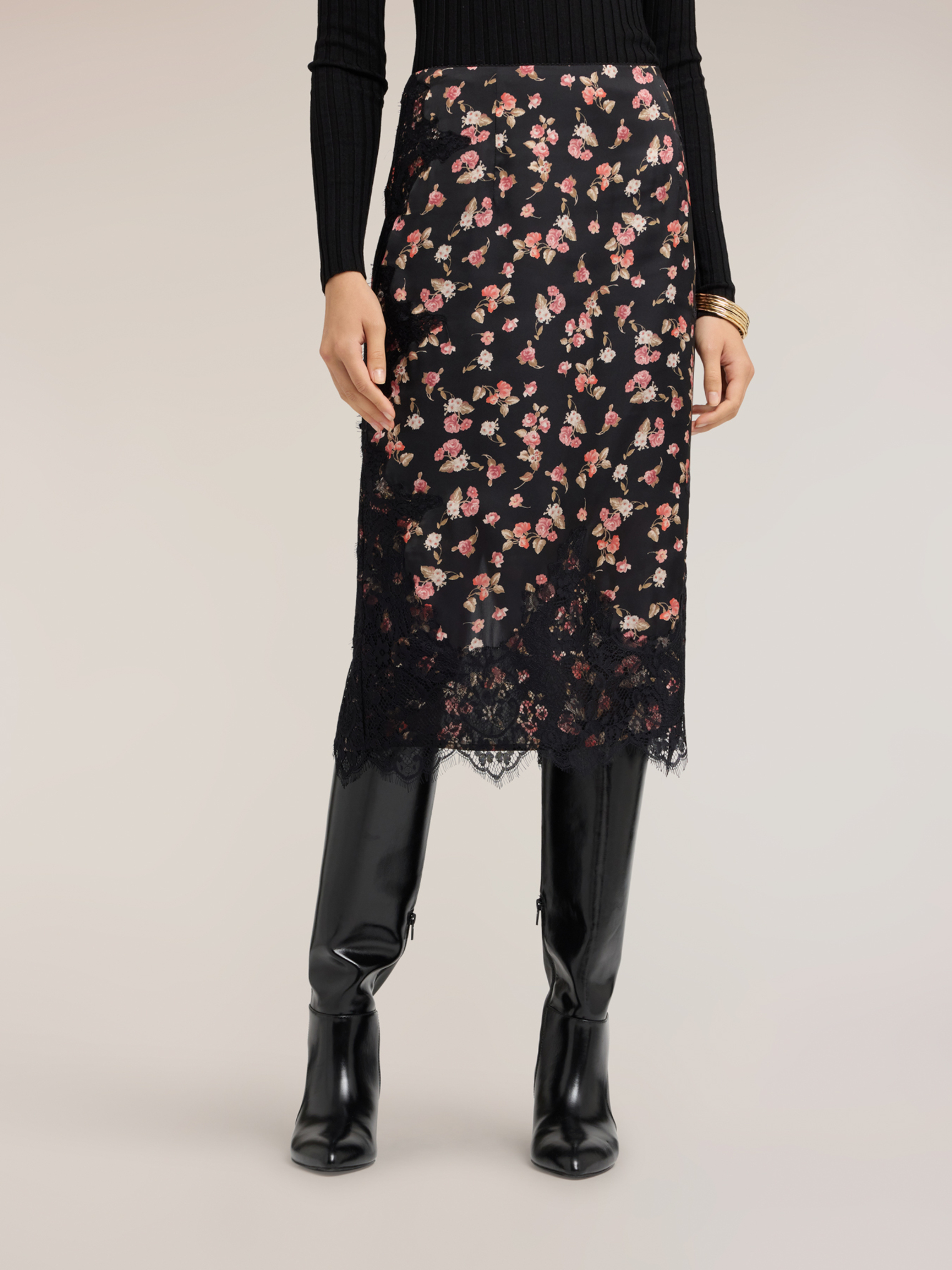 Jupe crayon avec imprimé floral et dentelle, MOTIVI