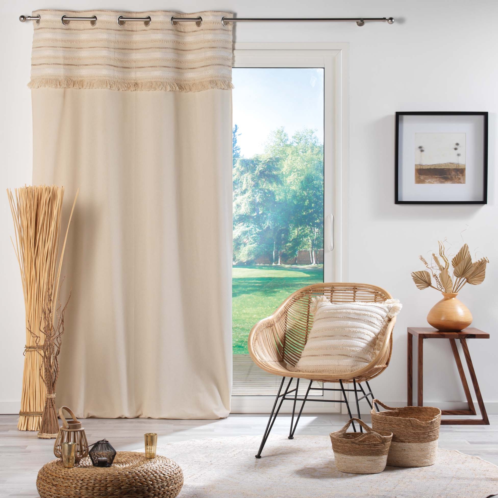 Rideau court à œillets en coton avec top tissé et franges, DOUCEUR D'INTÉRIEUR