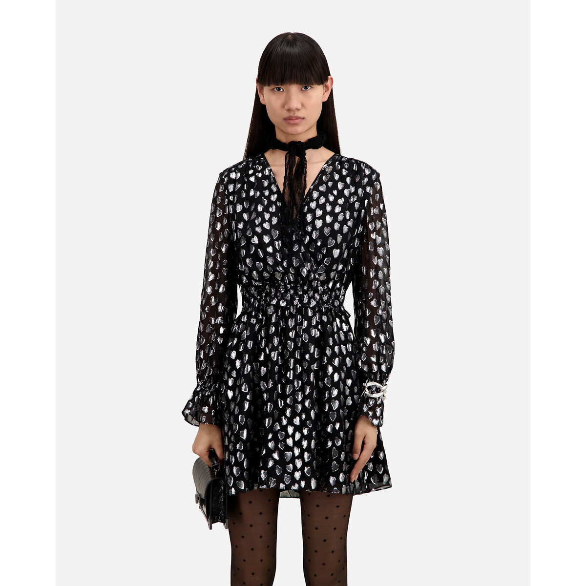 Heart Print Mini Dress with V-Neck and Long Sleeves