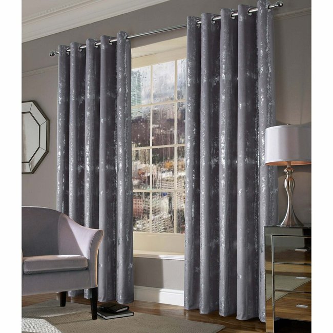 Distressed Metallic Velour Thermal Lined Eyelet Curtains in Grey, grey, SO'HOME