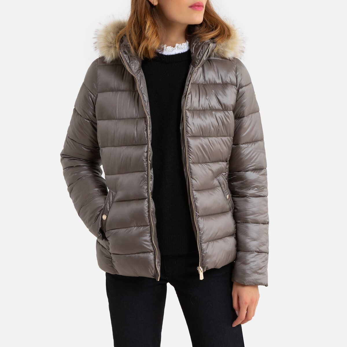 Zip-Up Padded Jacket with Faux Fur Hood