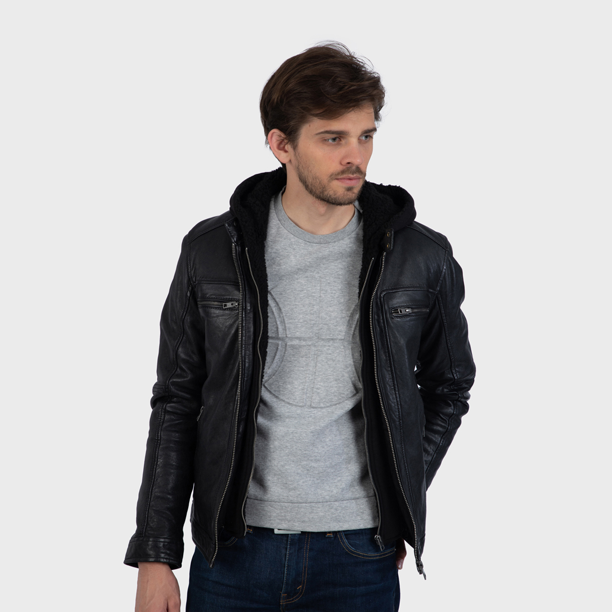 Blouson en cuir à capuche amovible DRINK, OAKWOOD